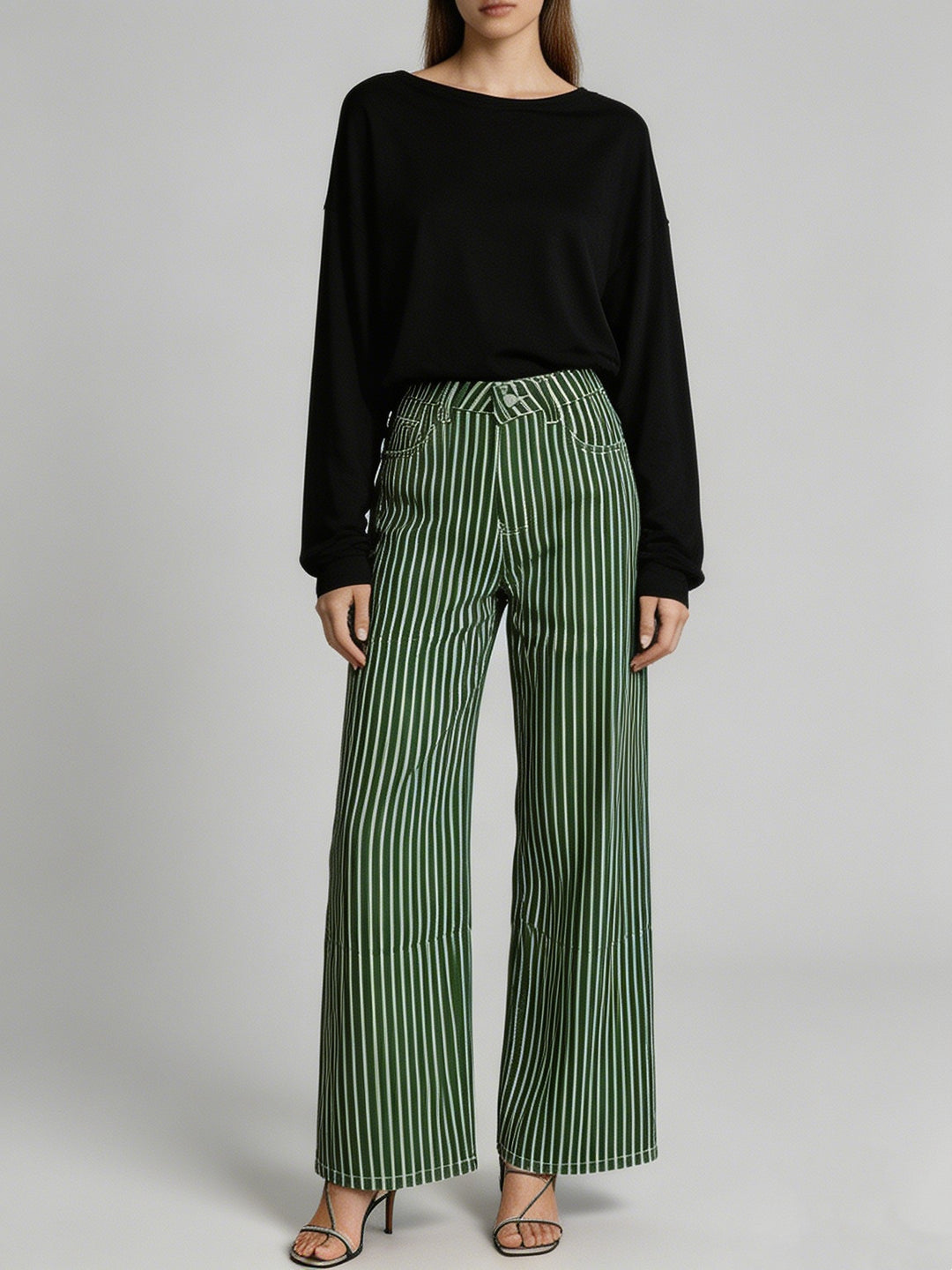 Damen nan weite High-Waist Palazzohose mit vertikalen Streifenoptik und abgesteppten Kniepartien Drune