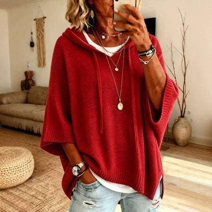 Damen Oversize Strick-Poncho mit Kapuze, Fledermausärmeln und Seitenschlitzen Drune
