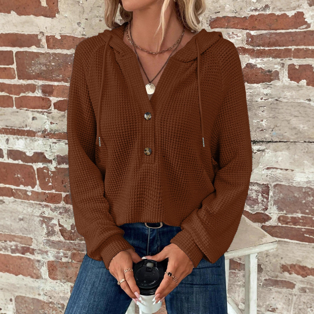 Damen Waffelstrick-Hoodie mit halber Knopfleiste und Kapuze Drune
