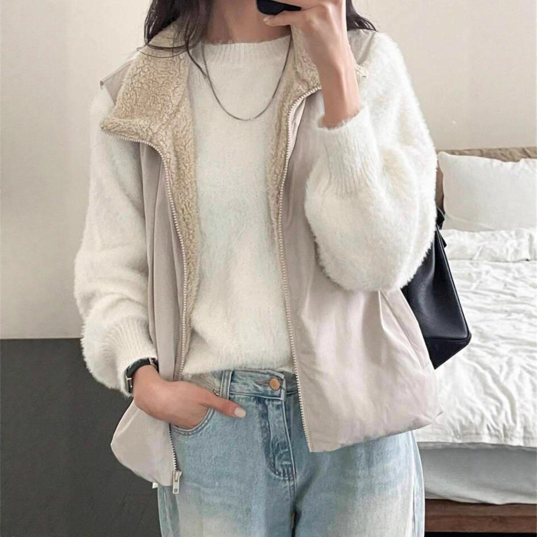 Damen Kurzgeschnitteter Flauschpullover mit Ballonärmeln und Rundhalsausschnitt Drune