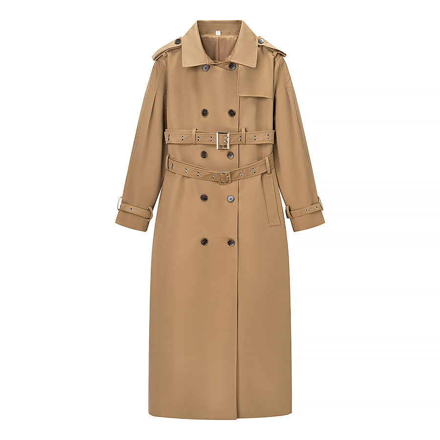 Damen Langer doppelreihiger Trenchcoat mit tailliertem Doppelgürtel, Ballonärmeln und Epauletten Drune