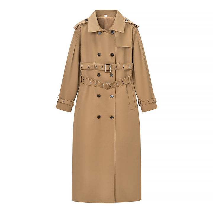 Damen Langer doppelreihiger Trenchcoat mit tailliertem Doppelgürtel, Ballonärmeln und Epauletten Drune