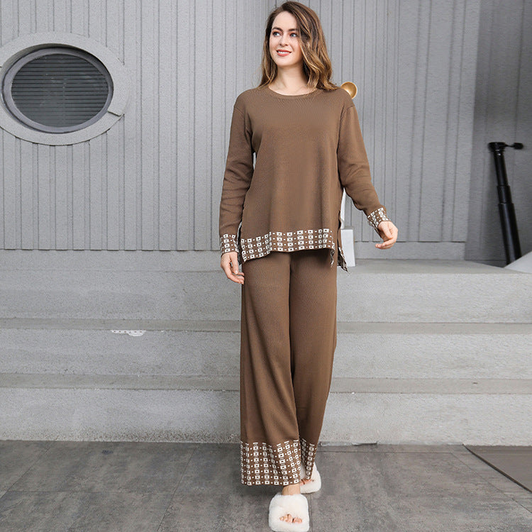 Damen stilvolles Strick-Loungewear-Set mit dekorativen Kontrastabschlüssen Drune