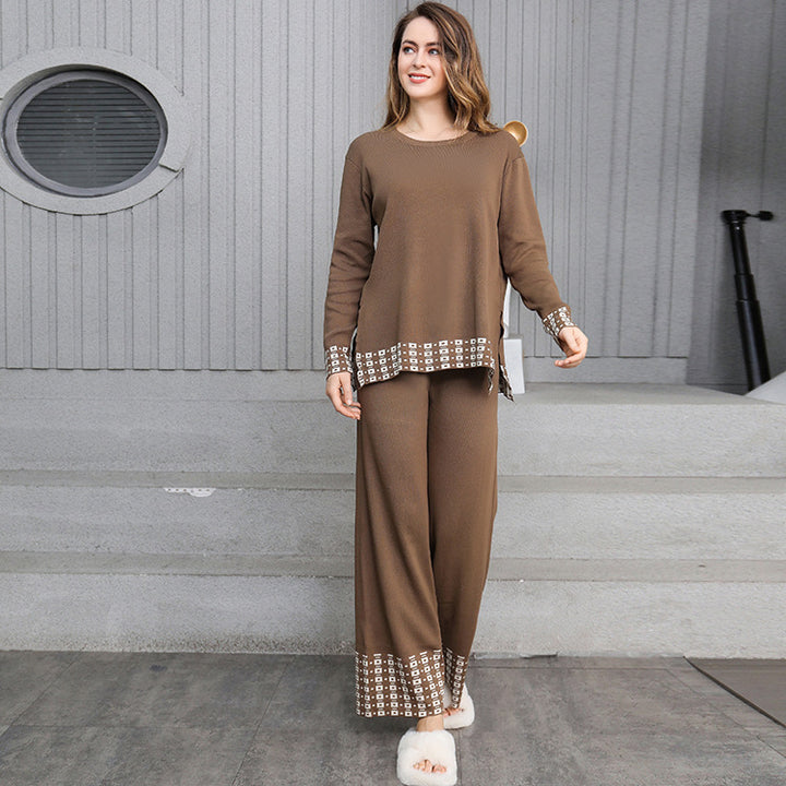 Damen stilvolles Strick-Loungewear-Set mit dekorativen Kontrastabschlüssen Drune