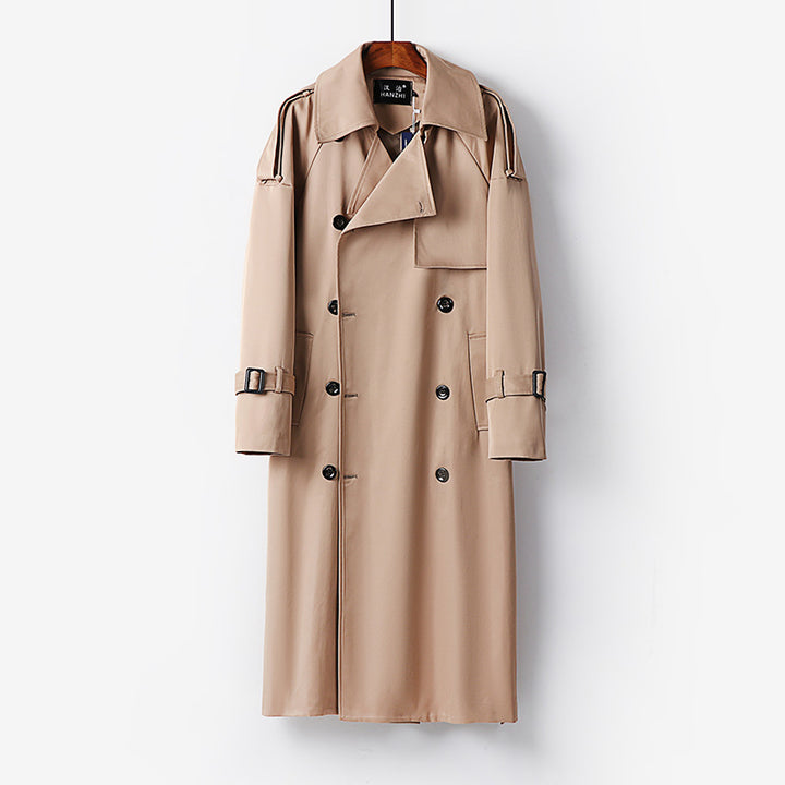 Damen Langer Doppelreihiger Trenchcoat mit Bindegürtel und Epauletten Drune