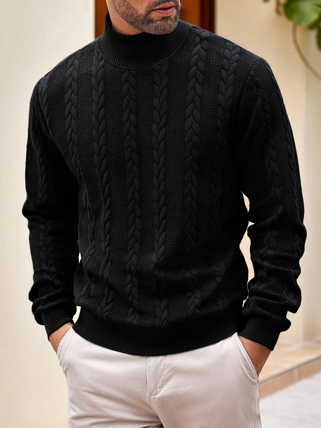 Herren grobgestrickter Zopfstrickpullover mit halbem Stehkragen und elastischen Rippbündchen Drune