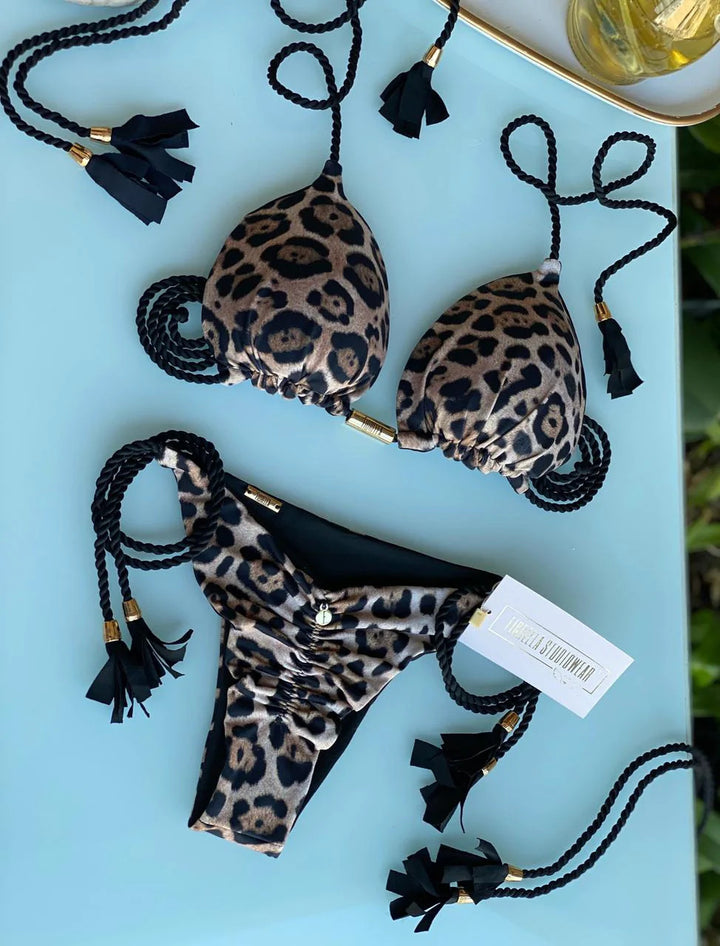 Damen Triangel-Bikini mit modischem Leopardenmuster und dekorativen Quasten Drune