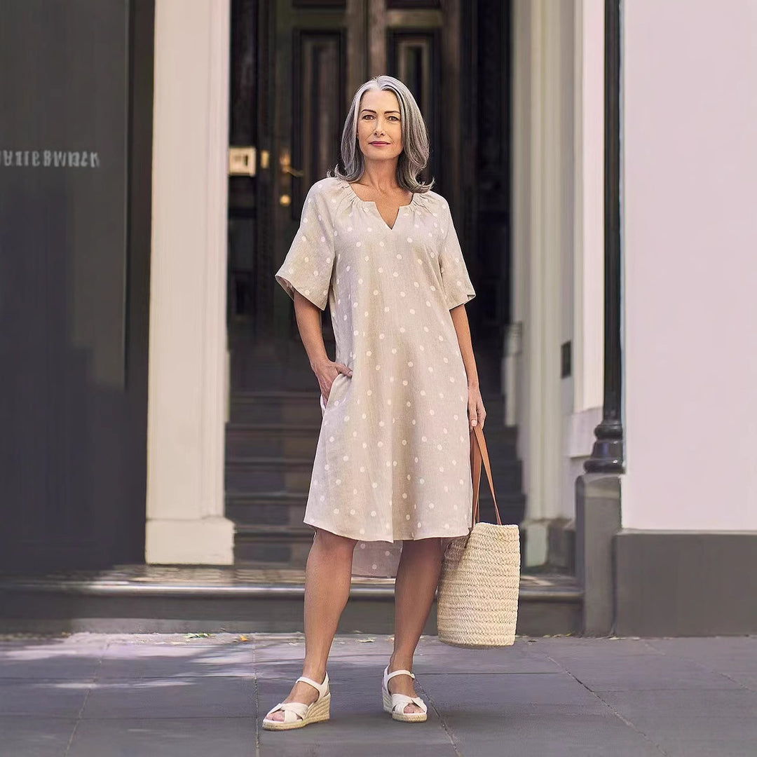 Damen nan lockeres A-Linien Leinenoptik-Kleid mit V-Ausschnitt, geraffter Schulterpartie und Eingrifftaschen Drune