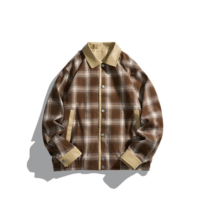 Herren Karierte Overshirt‑Jacke aus Flanell mit Kunstleder‑Details und Druckknopfleiste Drune