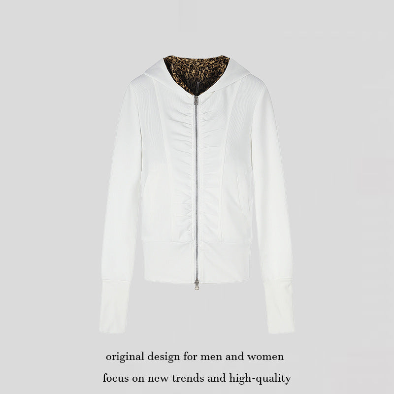 Damen Kapuzen‑Sweatjacke mit durchgehendem Reißverschluss, Raffungen vorn und Leo‑Kapuzefutter Drune