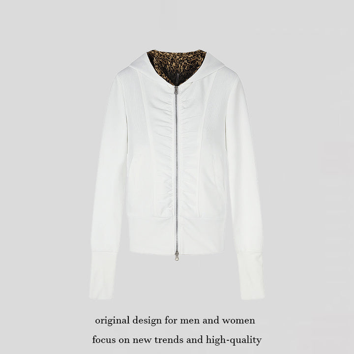 Damen Kapuzen‑Sweatjacke mit durchgehendem Reißverschluss, Raffungen vorn und Leo‑Kapuzefutter Drune