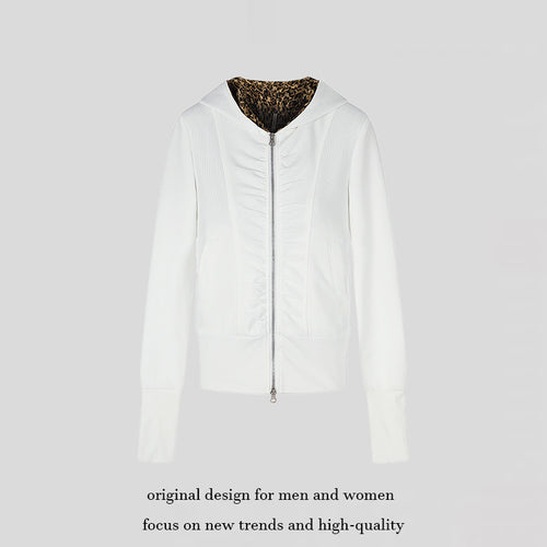 Damen Kapuzen‑Sweatjacke mit durchgehendem Reißverschluss, Raffungen vorn und Leo‑Kapuzefutter Drune