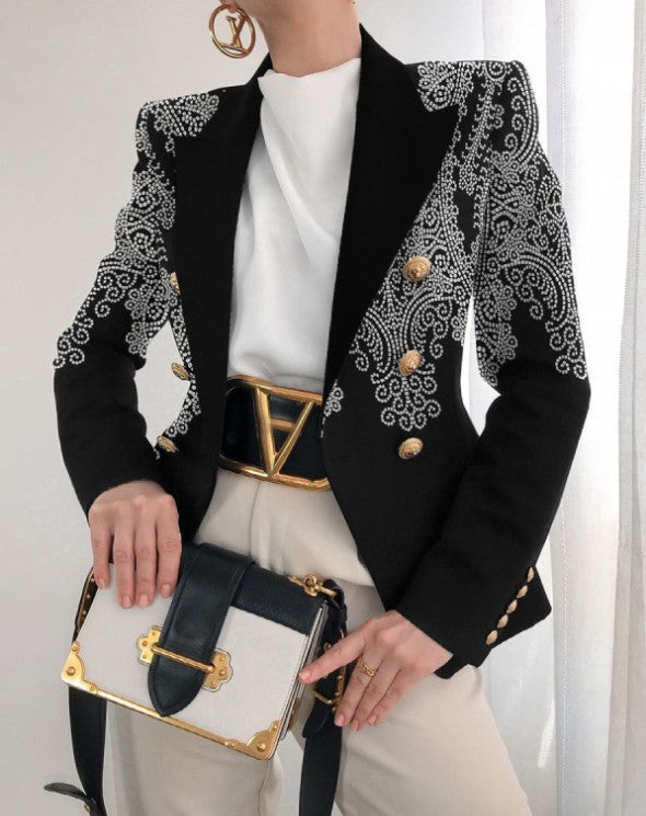 Damen Taillierter Doppelreihiger Blazer mit markanter Schulter, Goldknöpfen und Glitzer-Ombré Drune