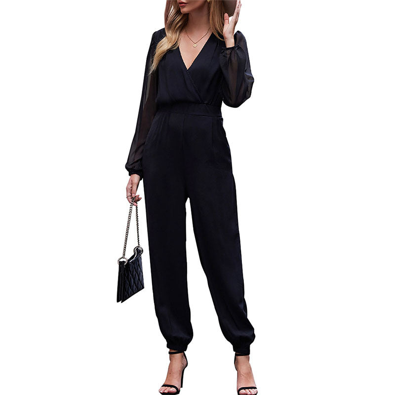 Damen Elegant-geschnittener Wickel-Jumpsuit mit transparenten Armvolants, tailliertem Bund und schmalem Bein Drune
