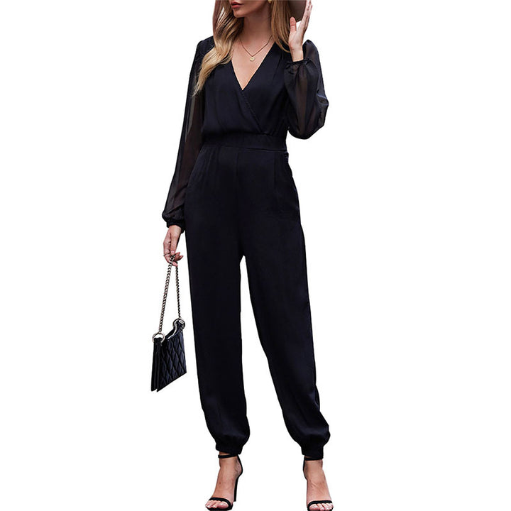 Damen Elegant-geschnittener Wickel-Jumpsuit mit transparenten Armvolants, tailliertem Bund und schmalem Bein Drune