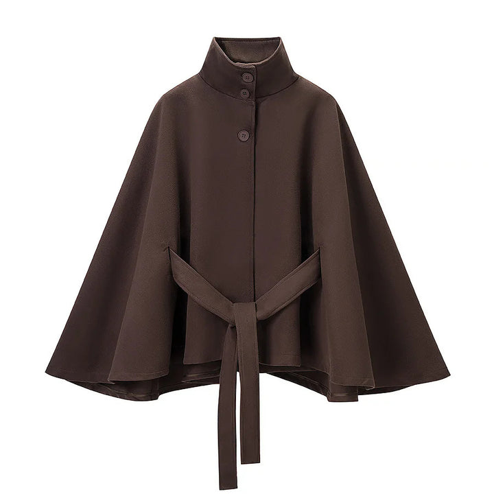Damen nan tailliertes Cape mit Stehkragen, Knopfverschluss und Bindegürtel Drune