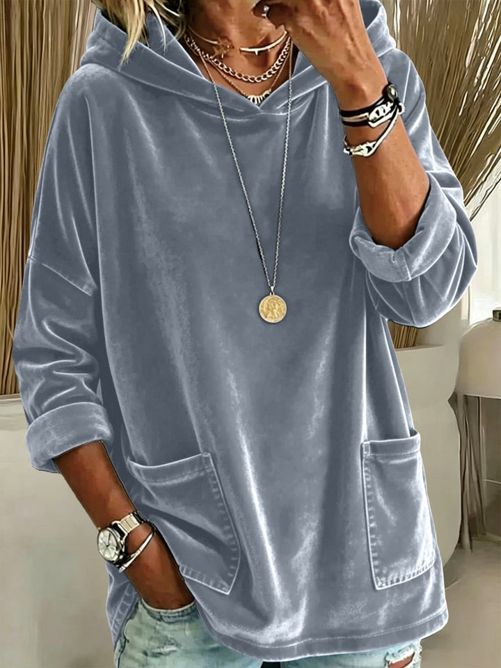 Damen Oversize Samt-Hoodie mit weiter Kapuze, Kängurutaschen und relaxter Silhouette Drune
