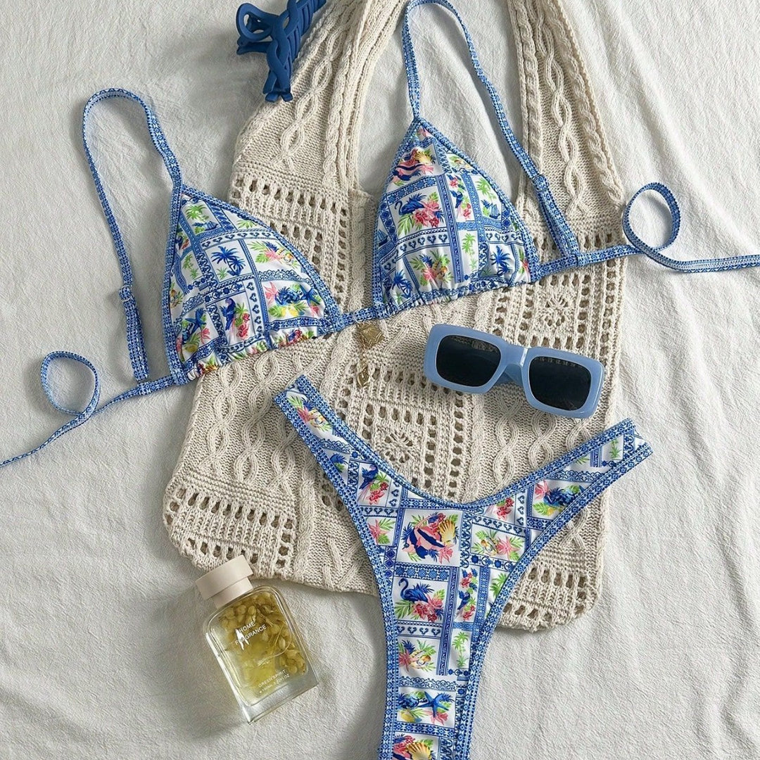 Damen Triangel-Bikini mit floralem Motiv und verstellbaren Trägern Drune