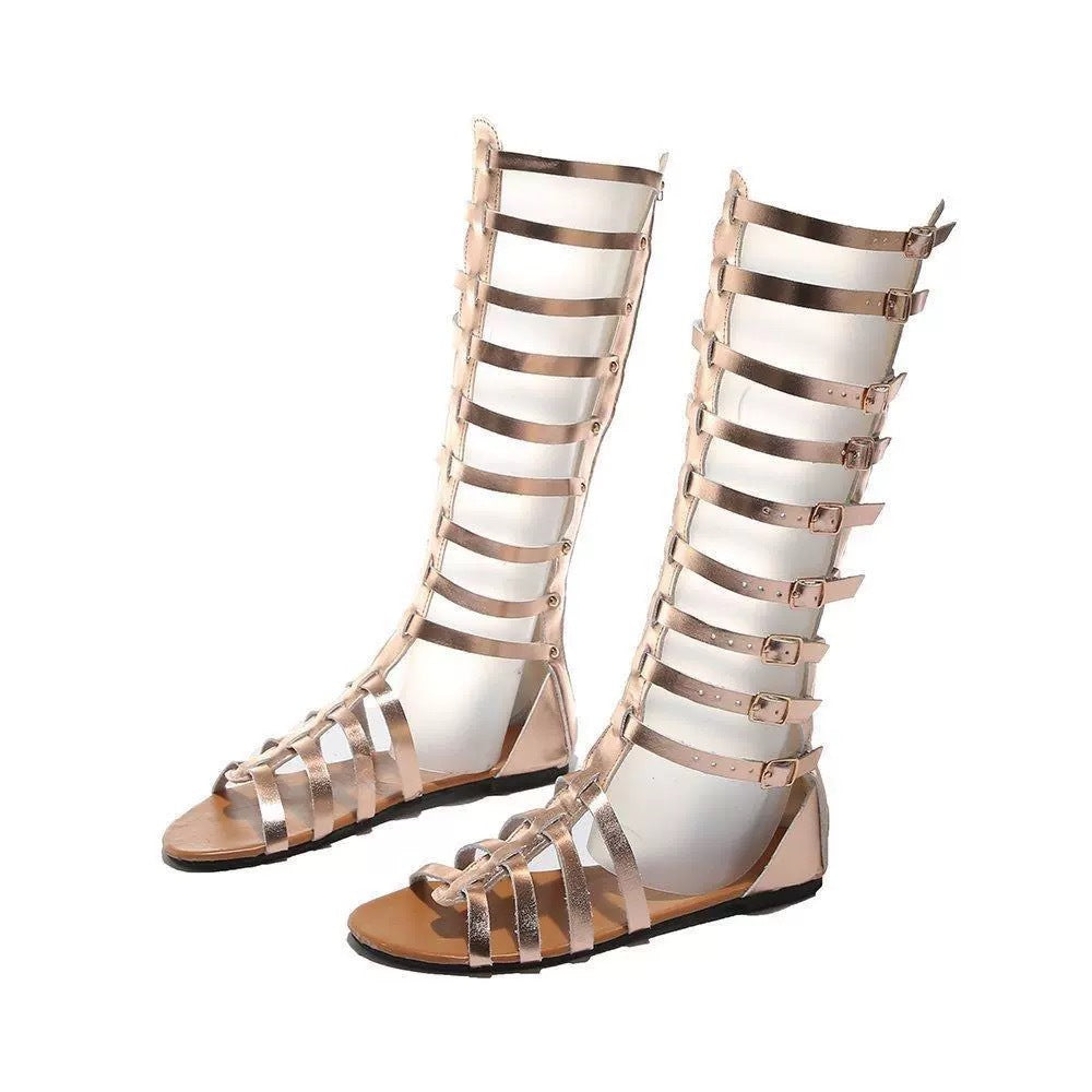 Damen Kniehohe Römersandalen mit mehreren Schnallen und flacher Komfortsohle Drune
