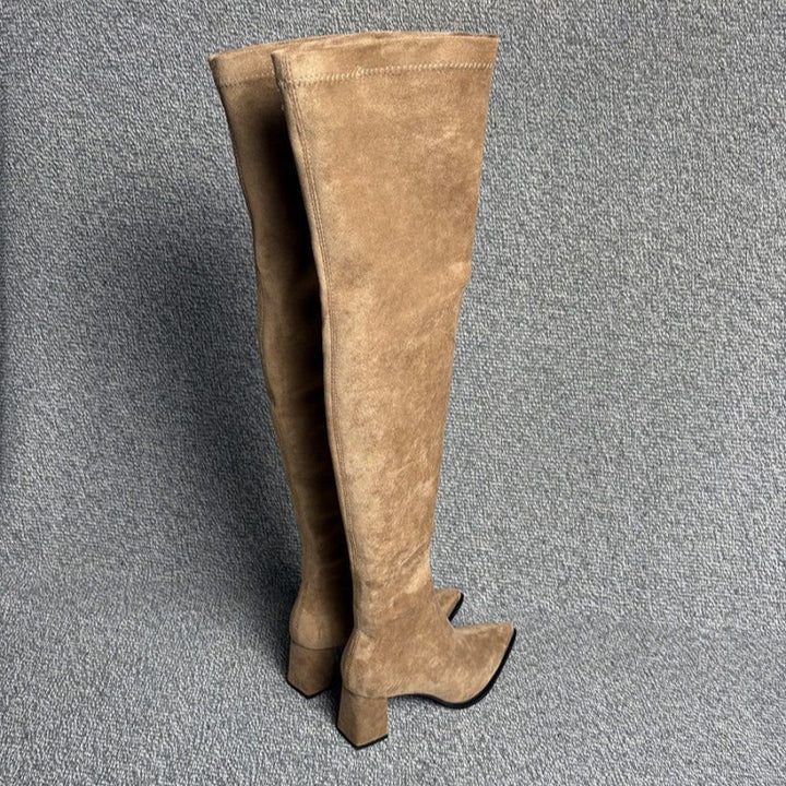 Damen Overknee‑Stiefel mit spitzer Zehenpartie, elastischem Schaft und sculpted Blockabsatz Drune