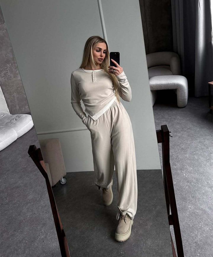 Damen Loungewear-Set aus weichem Modal mit Henley-Knopfleiste und weitem High-Waist Jogger Drune