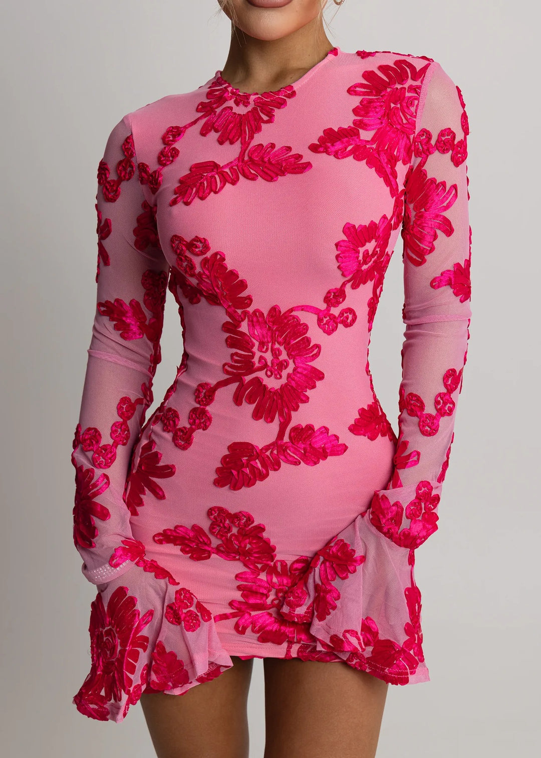 Damen Figurnahes Spitzenkleid mit floralen Applikationen und langen Ärmeln Drune