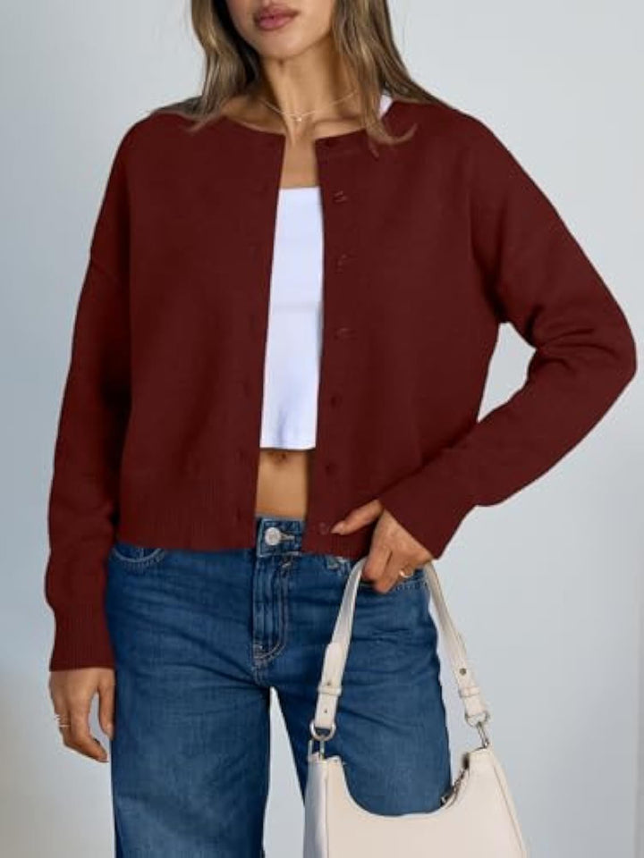 Damen Cropped Strickjacke im Boxy‑Schnitt mit Rundhals und Rippbündchen Drune