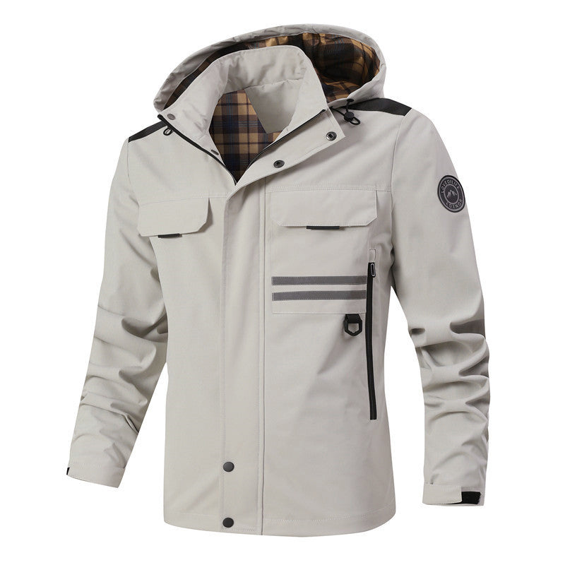 Herren Wasserdichte Softshell-Jacke mit Kapuze, reflektierenden Streifen und kariertem Innenfutter Drune
