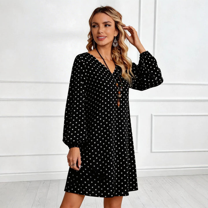 Damen Lockeres Tupfen‑Minikleid mit V‑Ausschnitt, Ballonärmeln und schwingender A‑Linie Drune