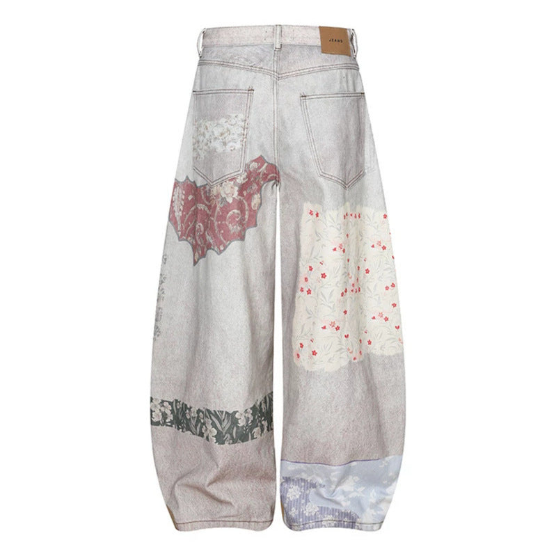 Damen Weite High‑Waist Culotte-Jeans mit Patchwork-Print und Balloon-Silhouette Drune