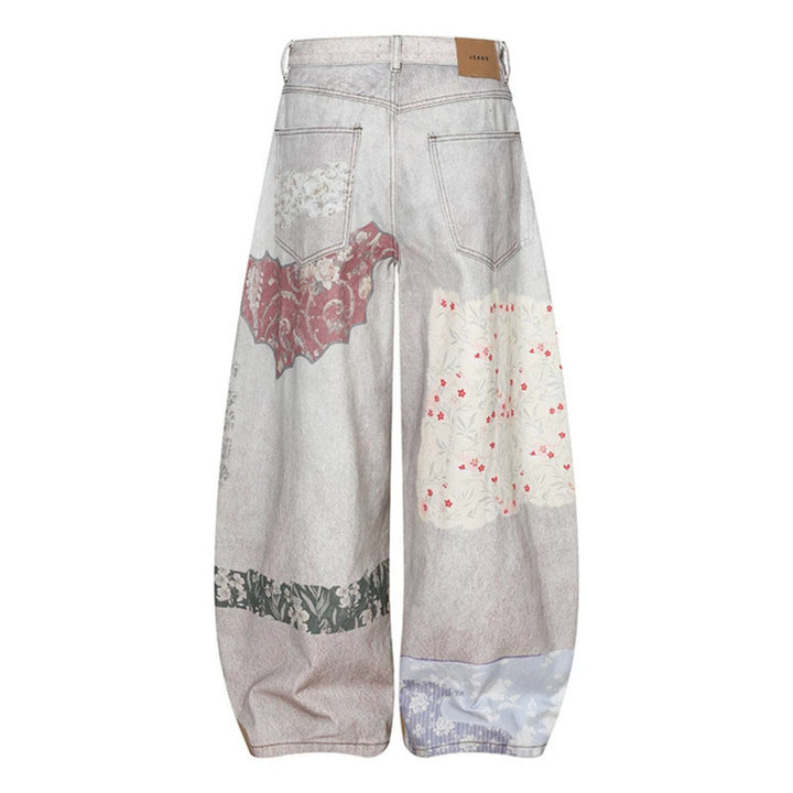 Damen Weite High‑Waist Culotte-Jeans mit Patchwork-Print und Balloon-Silhouette Drune