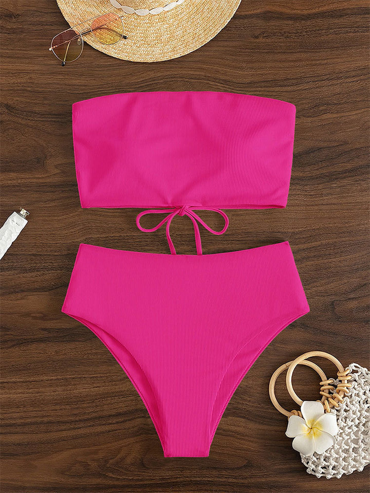 Damen Bandeau-Bikini mit hohem Bund und Rippdesign Drune