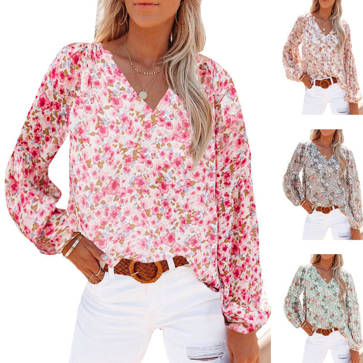 Damen Bluse mit floralen Mustern und V-Ausschnitt Drune