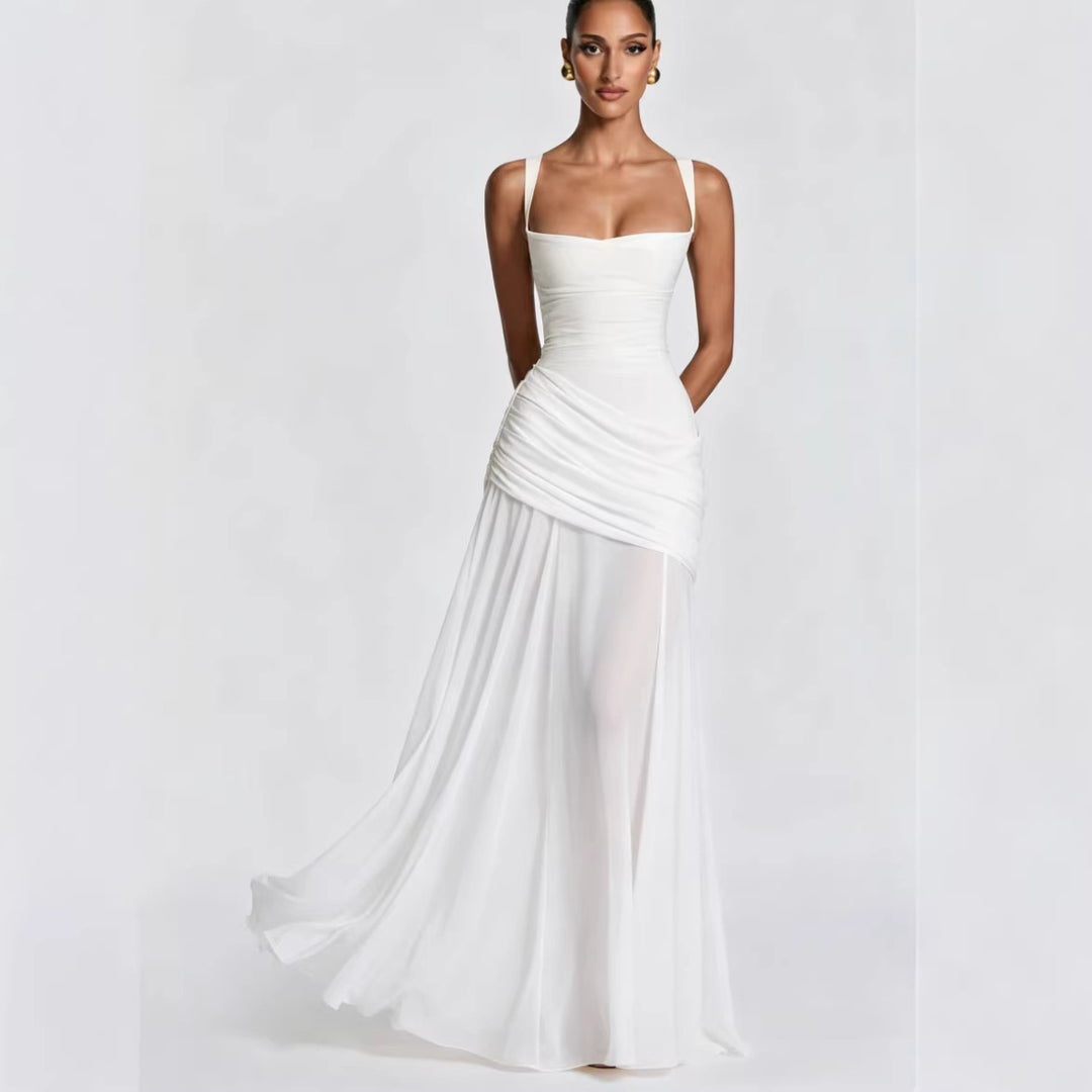 Damen Elegantes Hochzeitskleid mit taillierten Rüschen und schwingendem Chiffonrock Drune