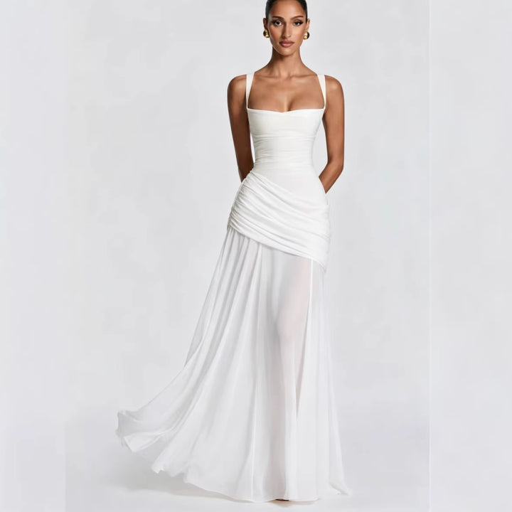 Damen Elegantes Hochzeitskleid mit taillierten Rüschen und schwingendem Chiffonrock Drune