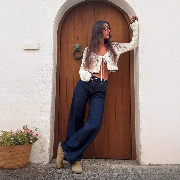 Damen nan ultraweite bodenlange Denim-Palazzohose mit cleanem Taschen-Schnitt und leichter Stretchwirkung Drune