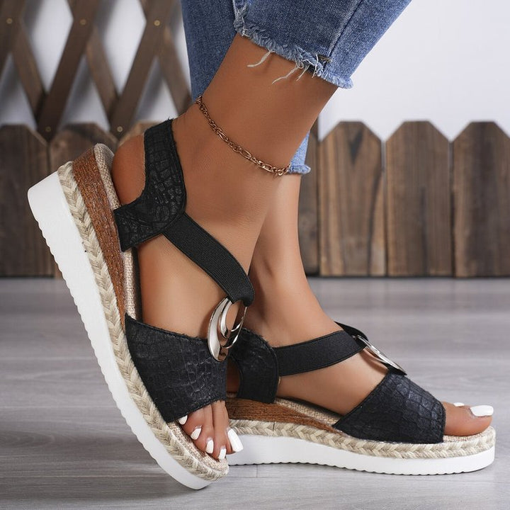 Damen Keil-Sandalen mit Bast-Plateau, elastischem Riemen und Zier-Öse Drune