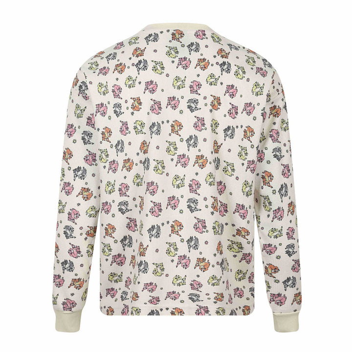 Damen Waffel‑Thermalshirt mit verspieltem Allover‑Print und geripptem Rundhals Drune