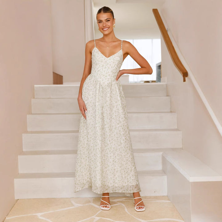Damen Elegantes Maxikleid mit feinem floralen Muster und zarten Spaghettiträgern Drune