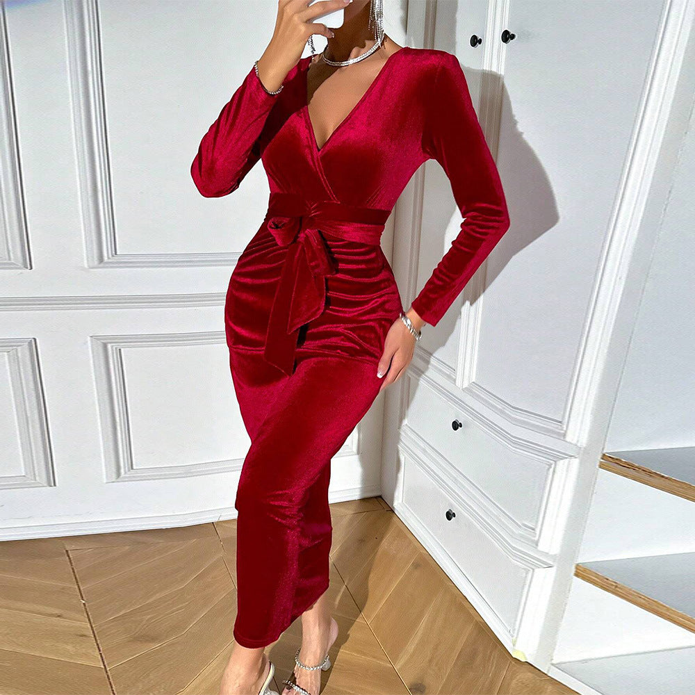 Damen gerafftes Samt-Wickelkleid mit V-Ausschnitt, tailliertem Bindegürtel und knöchellanger Mermaid-Silhouette Drune