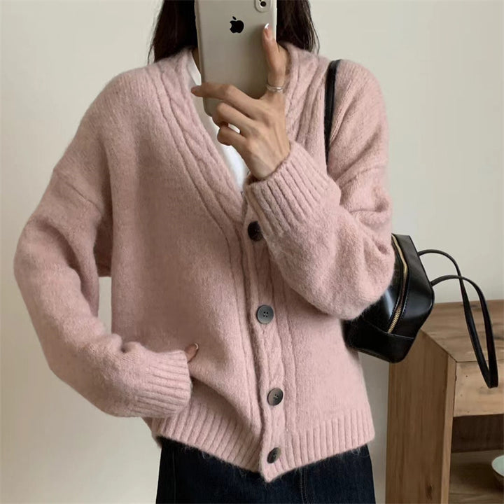 Damen Gemütlicher Strickcardigan mit elegantem V-Ausschnitt und Knopfdetails Drune
