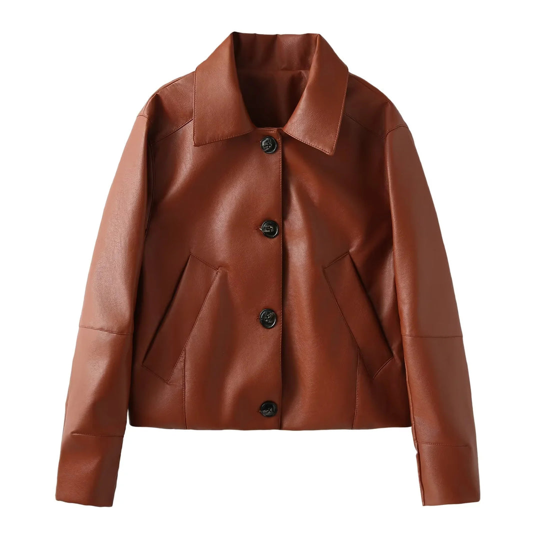 Damen nan taillierte Kunstlederjacke im Blousonstil mit Hemdkragen Drune