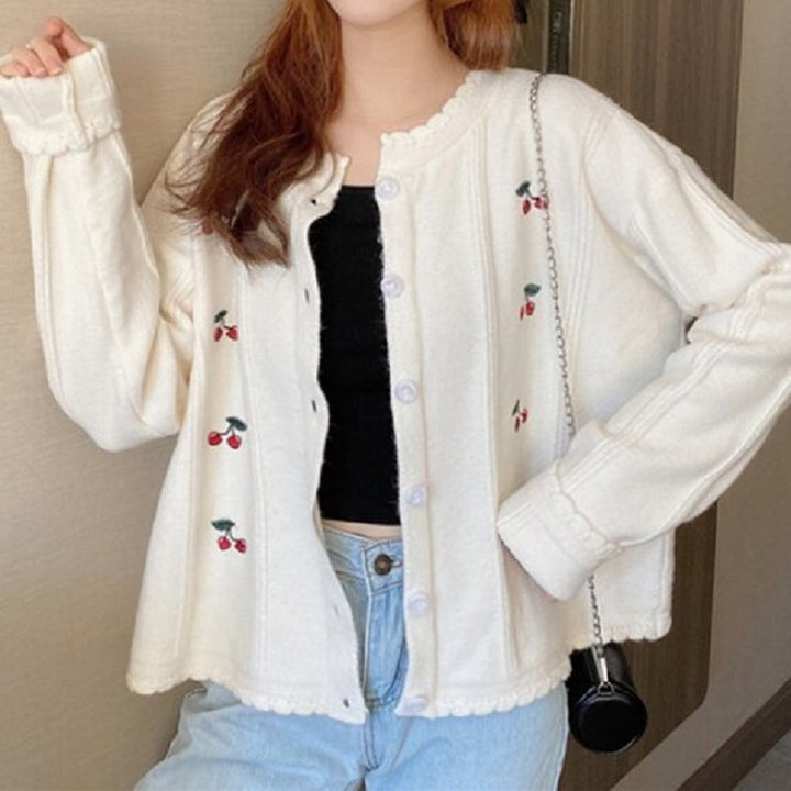Damen Strickjacke mit floralem Motiv und Knopfverschluss Drune