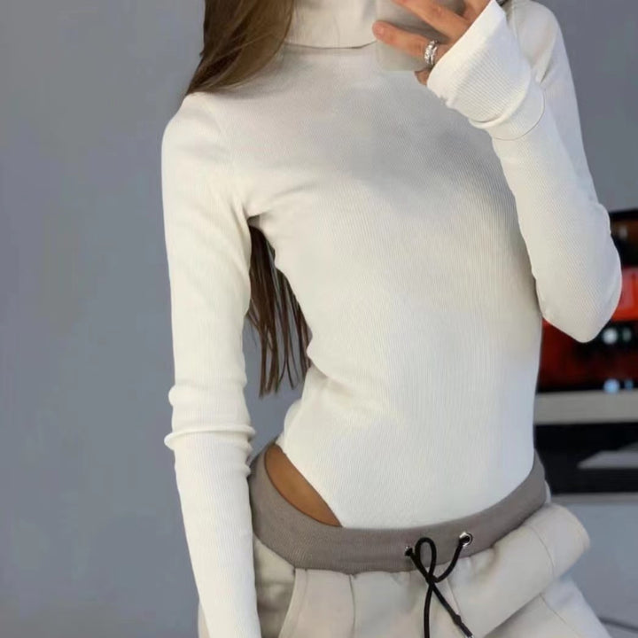 Damen langärmliges Turtleneck-Oberteil aus feiner Rippstruktur Drune
