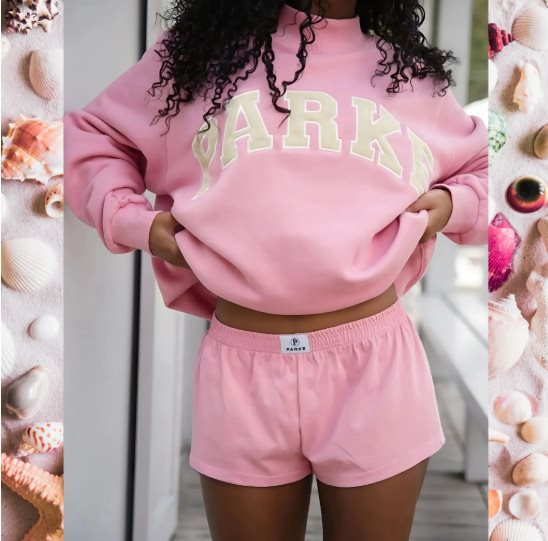 Damen Gemütliches Freizeit-Set mit Oversize kurz geschnittenem Sweatshirt und elastischen Baumwoll-Shorts Drune