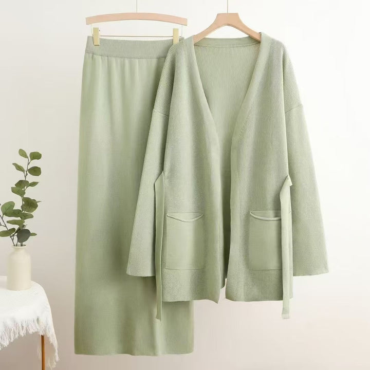 Damen lässiges Strickensemble mit tiefem V-Ausschnitt und praktischen Taschen Drune