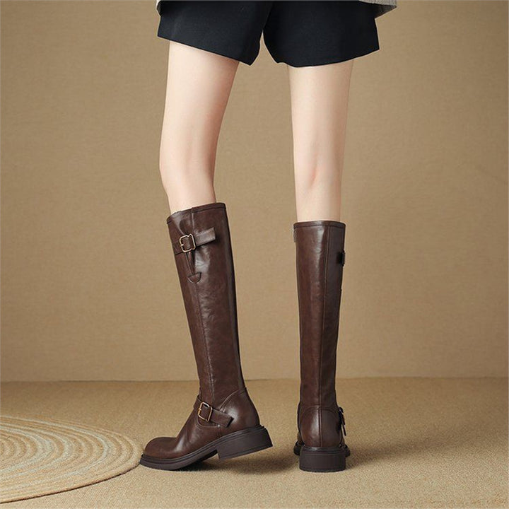 Damen Kniehohe Lederoptik-Stiefel mit verstellbaren Zierschnallen Drune
