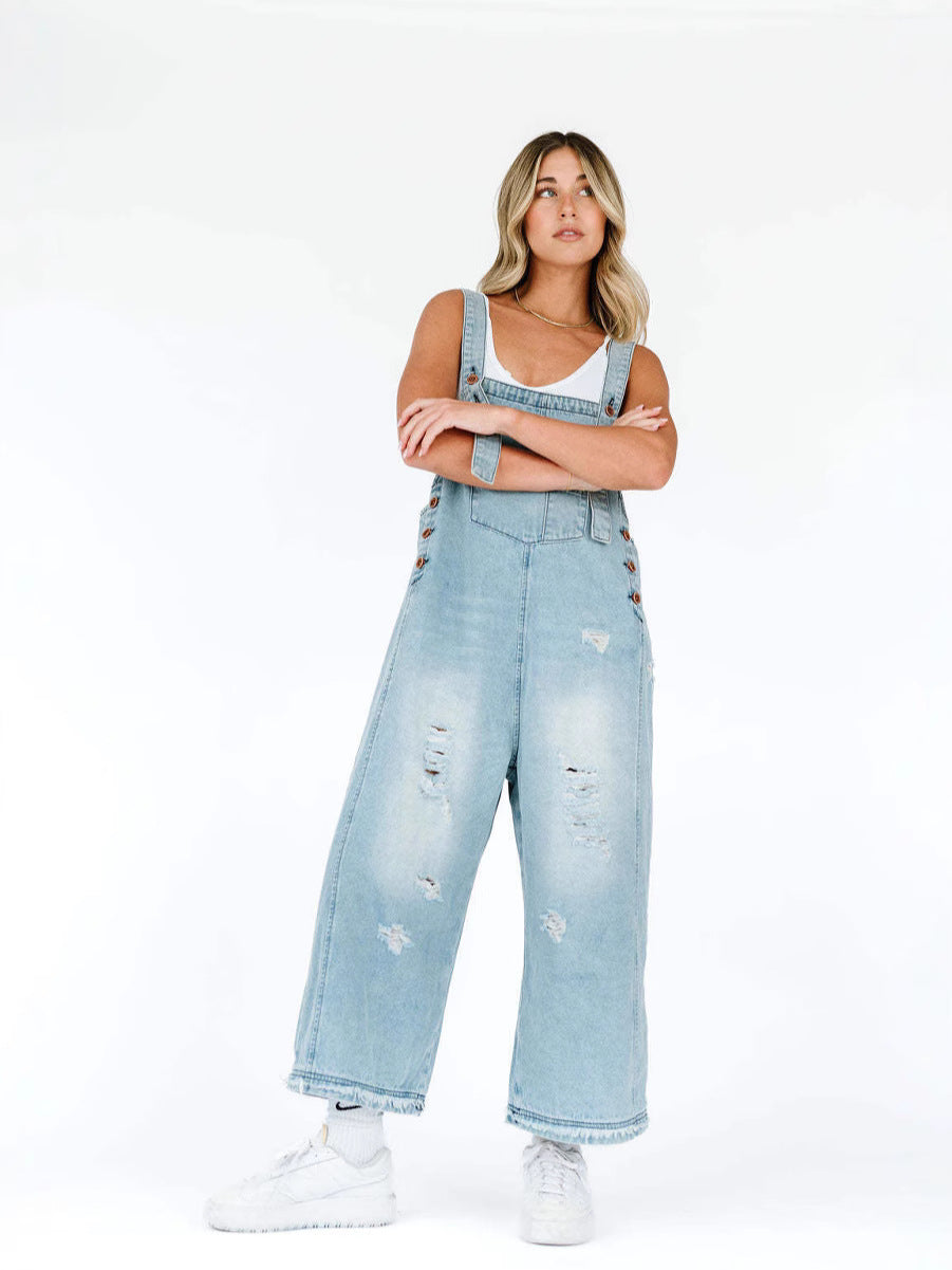 Damen Lässige Denim-Latzhose mit modischen Ripped-Details Drune