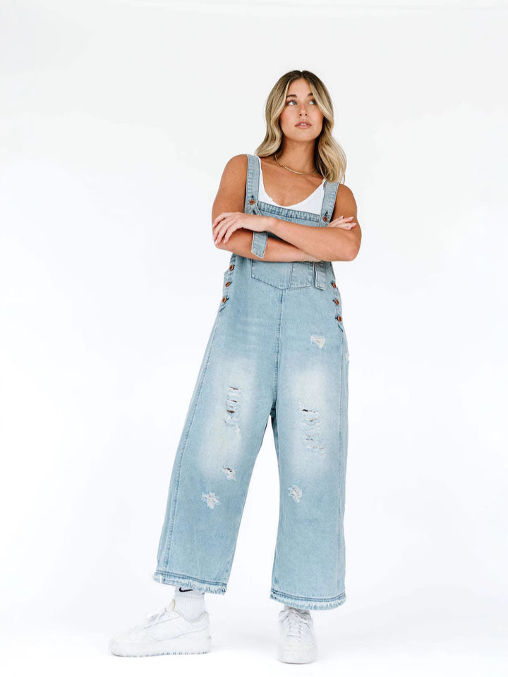 Damen Lässige Denim-Latzhose mit modischen Ripped-Details Drune