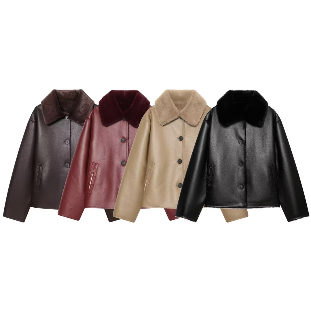 Damen Kurzjacke im Aviator-Style aus Kunstleder mit breitem Fellkragen Drune